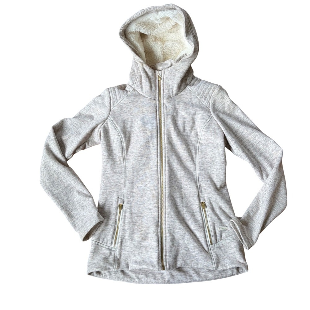 Athleta Sherpa Lined Full Zip Hoodie Jacket Sweatshirt Beige Oatmeal Small